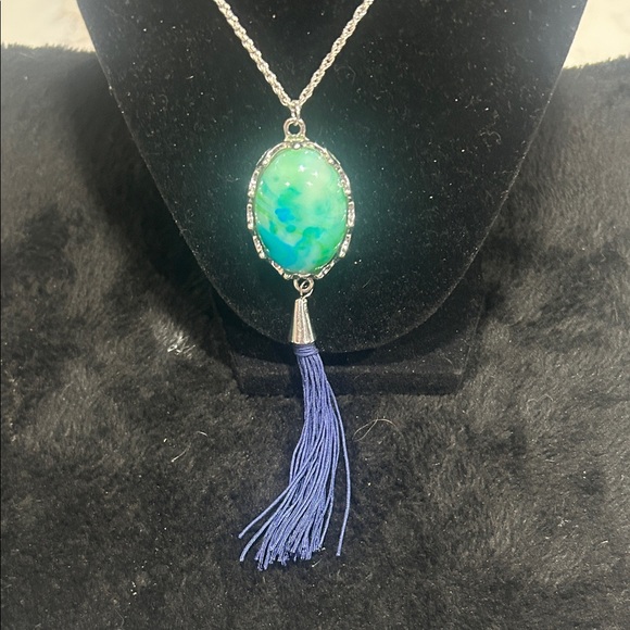 Christopher & Banks Silver Necklace with Turquoise Pendant and Dark Blue Tassel - Picture 5 of 12